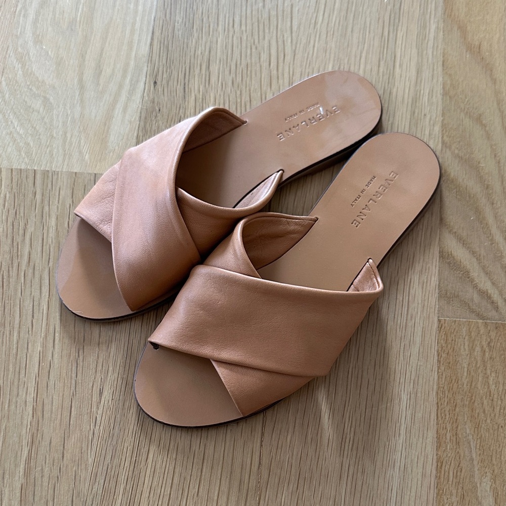Everlane Tan Leather Crossband Slide Sandals